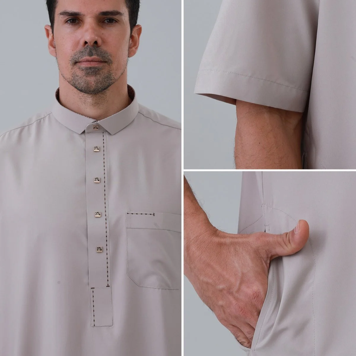 Men's Solid Color Thobe with Button Placket (MT038) - Image 20