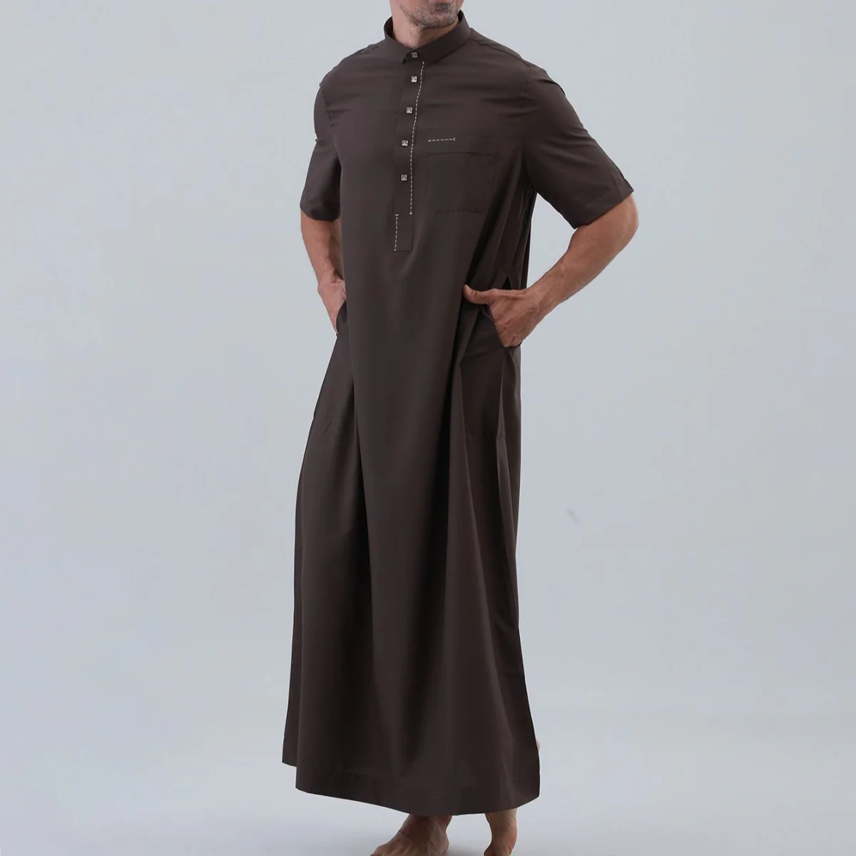 Men's Solid Color Thobe with Button Placket (MT038) - Image 22