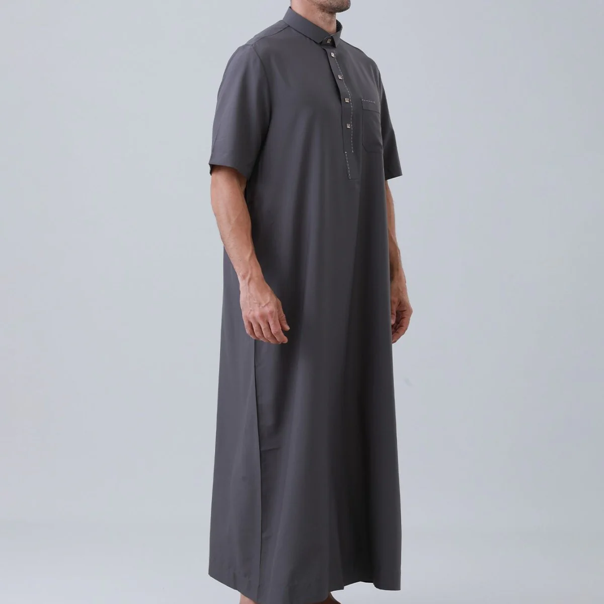 Men's Solid Color Thobe with Button Placket (MT038) - Image 25