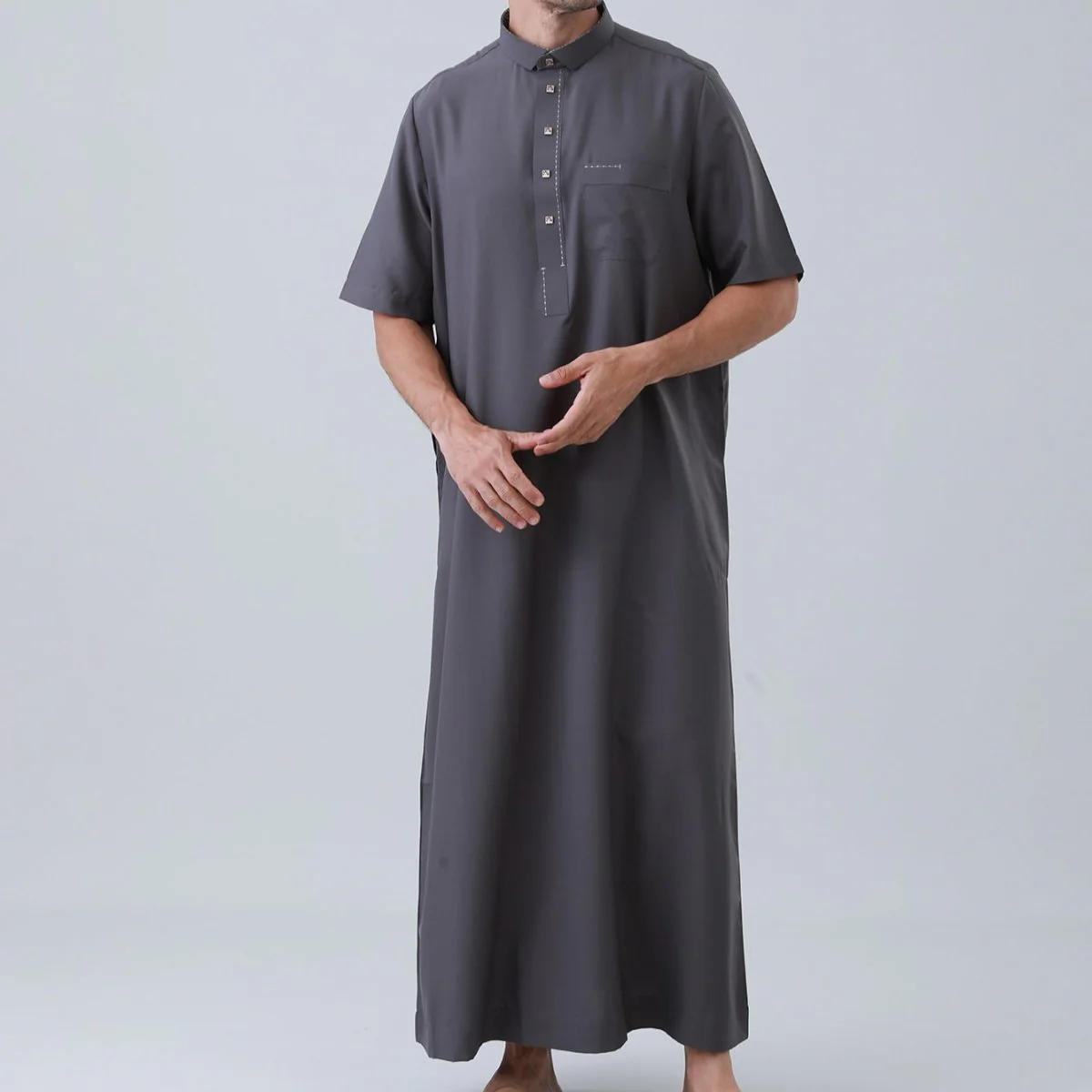 Men's Solid Color Thobe with Button Placket (MT038) - Image 26