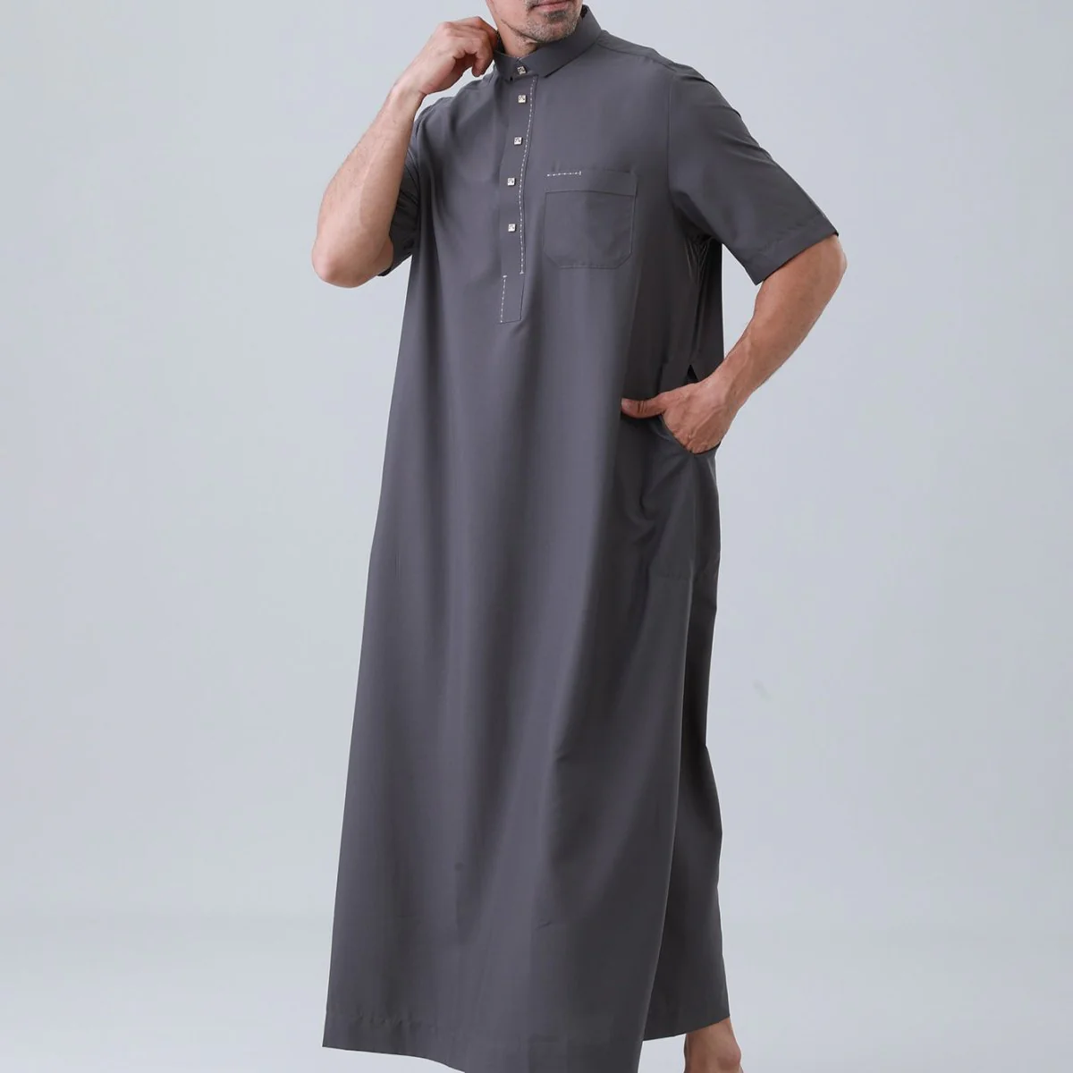Men's Solid Color Thobe with Button Placket (MT038) - Image 27