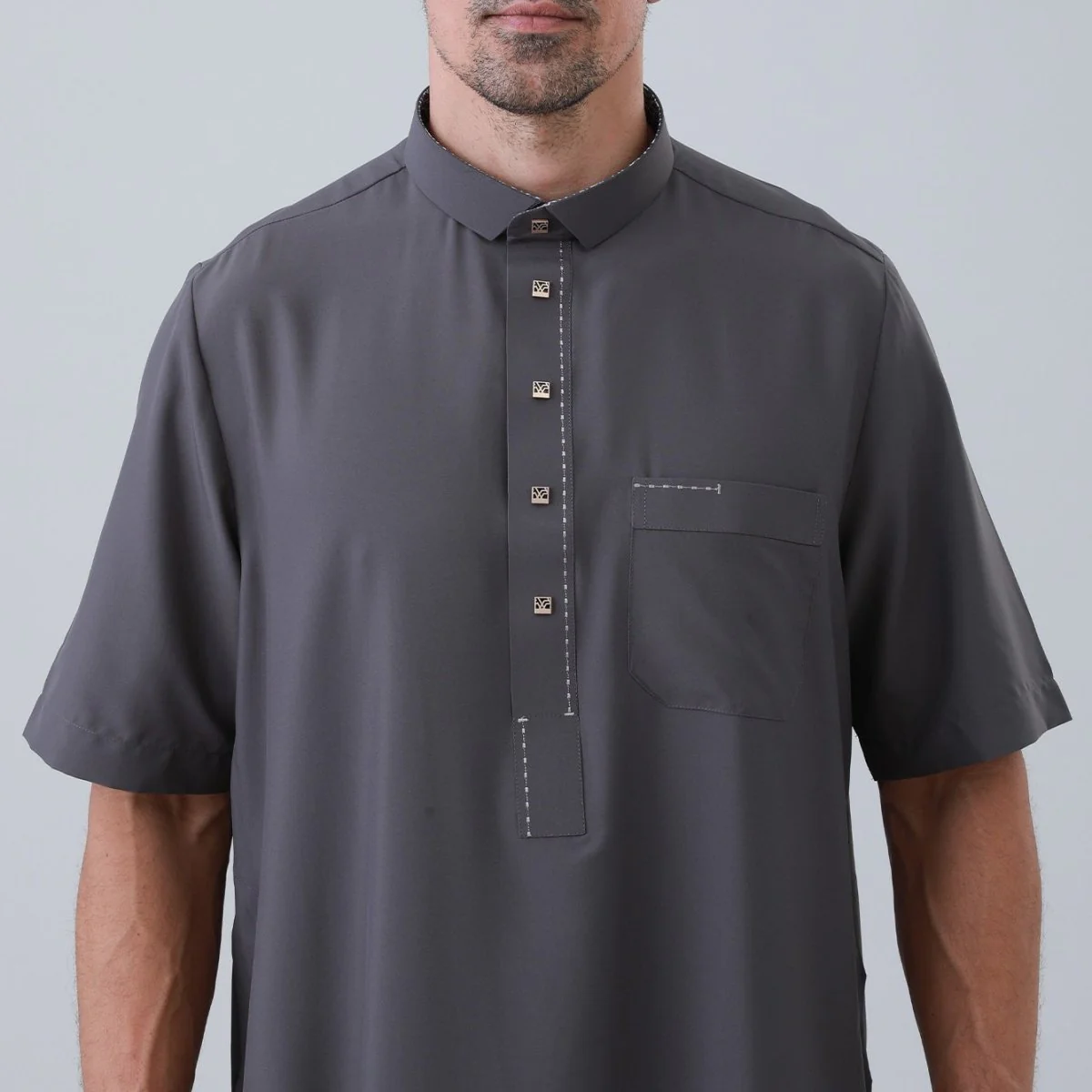 Men's Solid Color Thobe with Button Placket (MT038) - Image 28