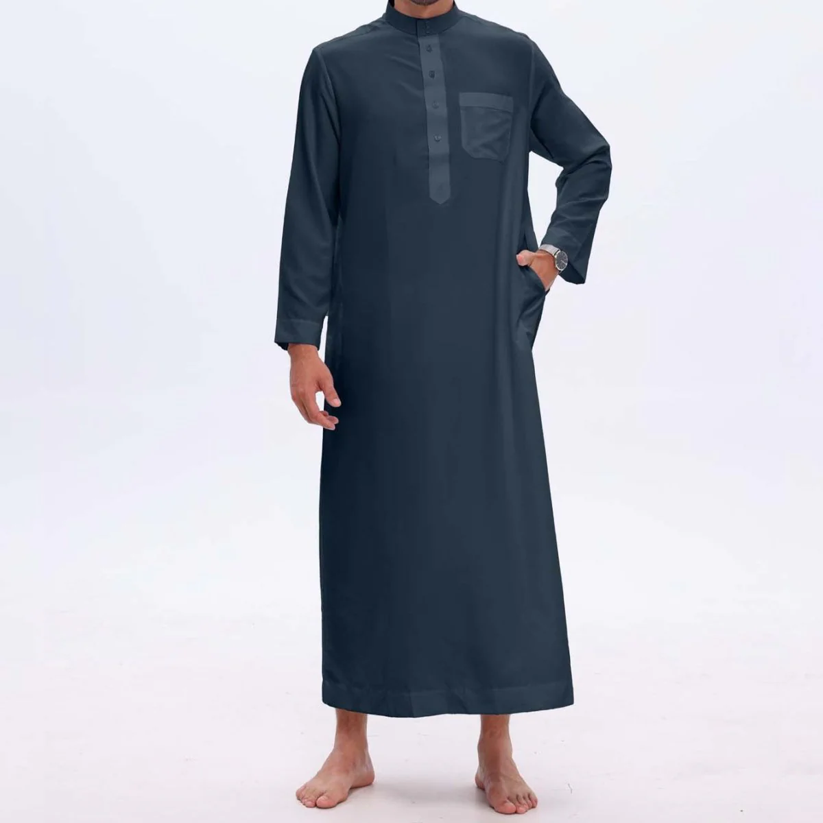 Men's Solid Color Thobe with Button Placket (MT036) - Image 2