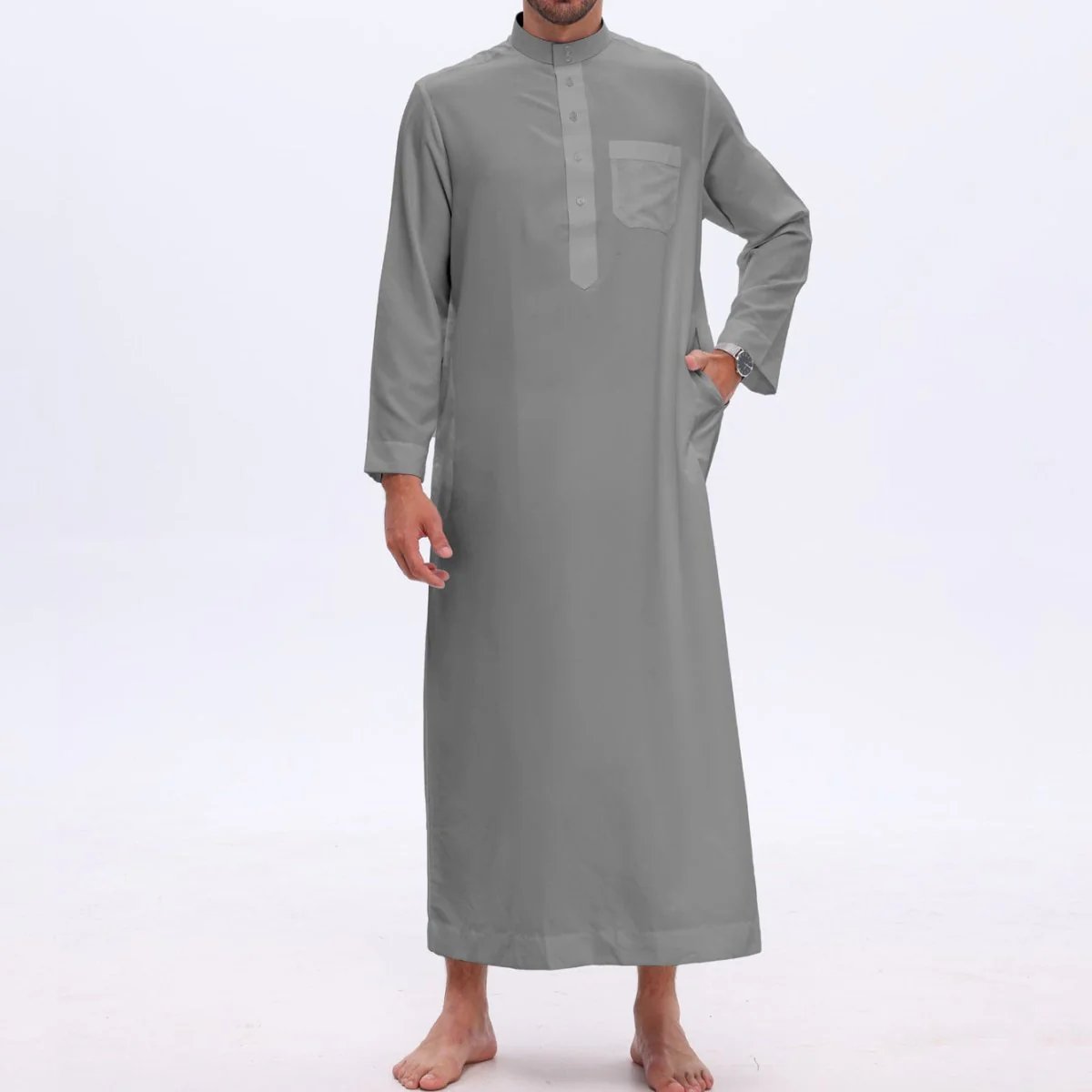 Men's Solid Color Thobe with Button Placket (MT036) - Image 3
