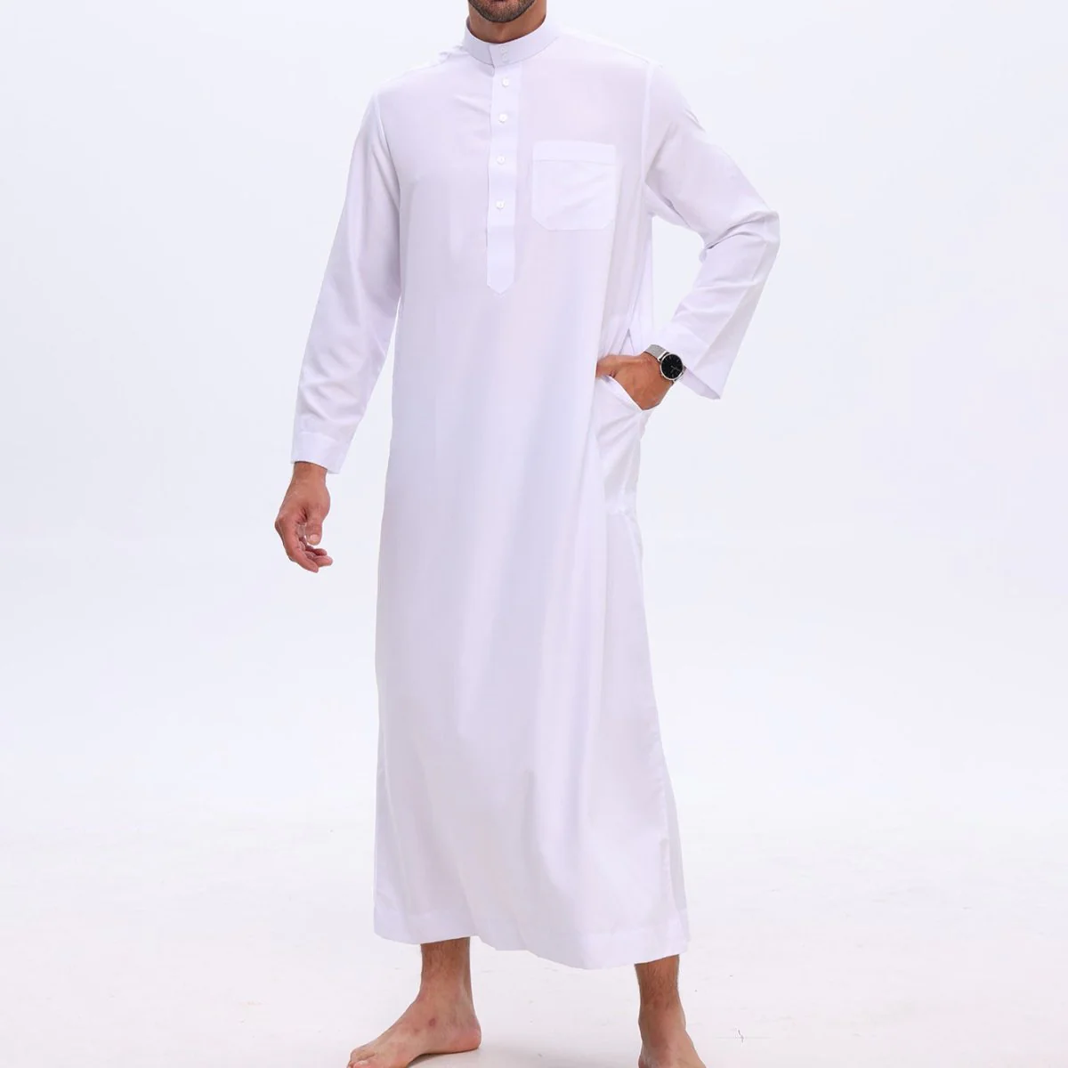 Men's Solid Color Thobe with Button Placket (MT036) - Image 4