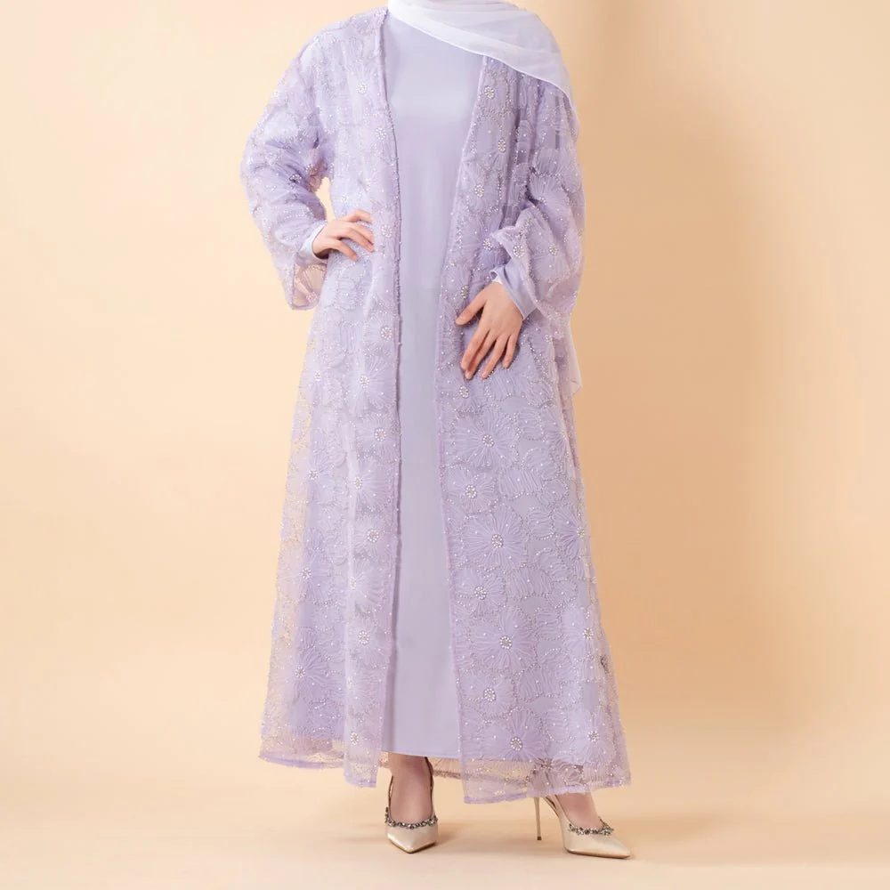 Mesh Flower Bead Open Abaya and Satin Interior Dress 2-Piece Set  | Elegant Muslim Wedding Guest Outfit(MOA222) - Image 11