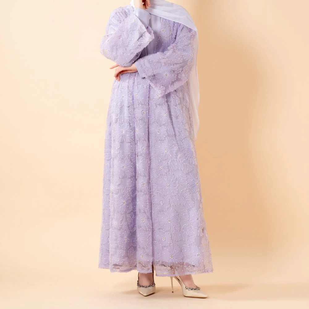 Mesh Flower Bead Open Abaya and Satin Interior Dress 2-Piece Set  | Elegant Muslim Wedding Guest Outfit(MOA222) - Image 12