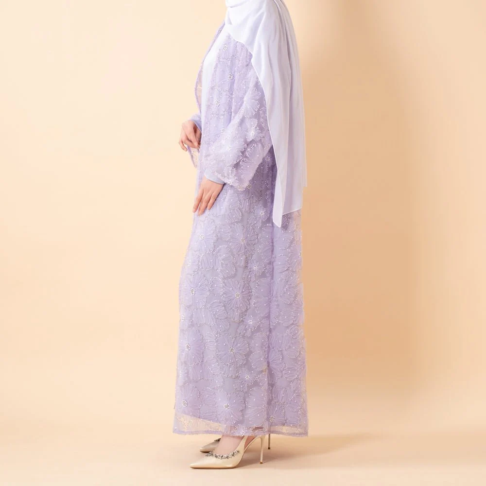 Mesh Flower Bead Open Abaya and Satin Interior Dress 2-Piece Set  | Elegant Muslim Wedding Guest Outfit(MOA222) - Image 13