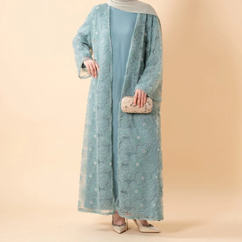Mesh Flower Bead Open Abaya and Satin Interior Dress 2-Piece Set  | Elegant Muslim Wedding Guest Outfit(MOA222) - Image 14