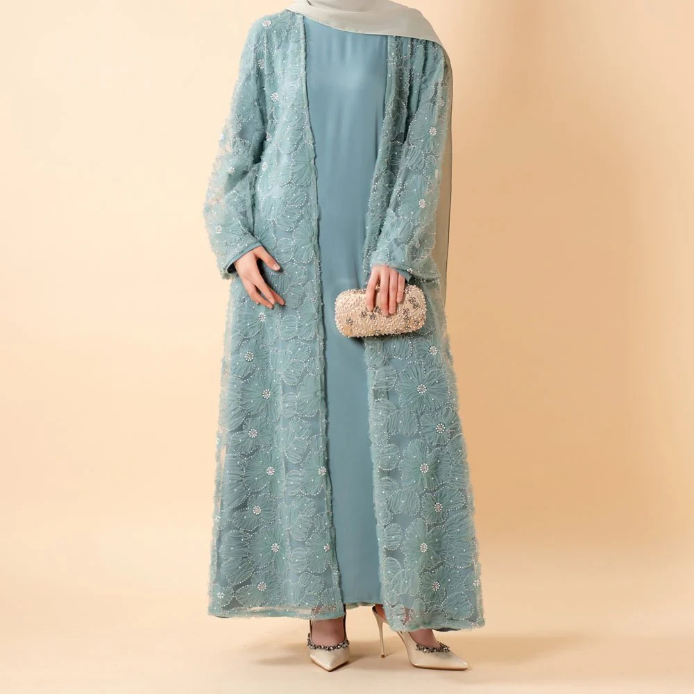 Mesh Flower Bead Open Abaya and Satin Interior Dress 2-Piece Set  | Elegant Muslim Wedding Guest Outfit(MOA222) - Image 16