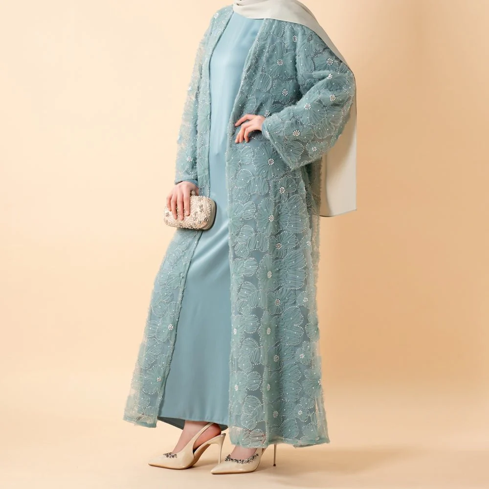 Mesh Flower Bead Open Abaya and Satin Interior Dress 2-Piece Set  | Elegant Muslim Wedding Guest Outfit(MOA222) - Image 17