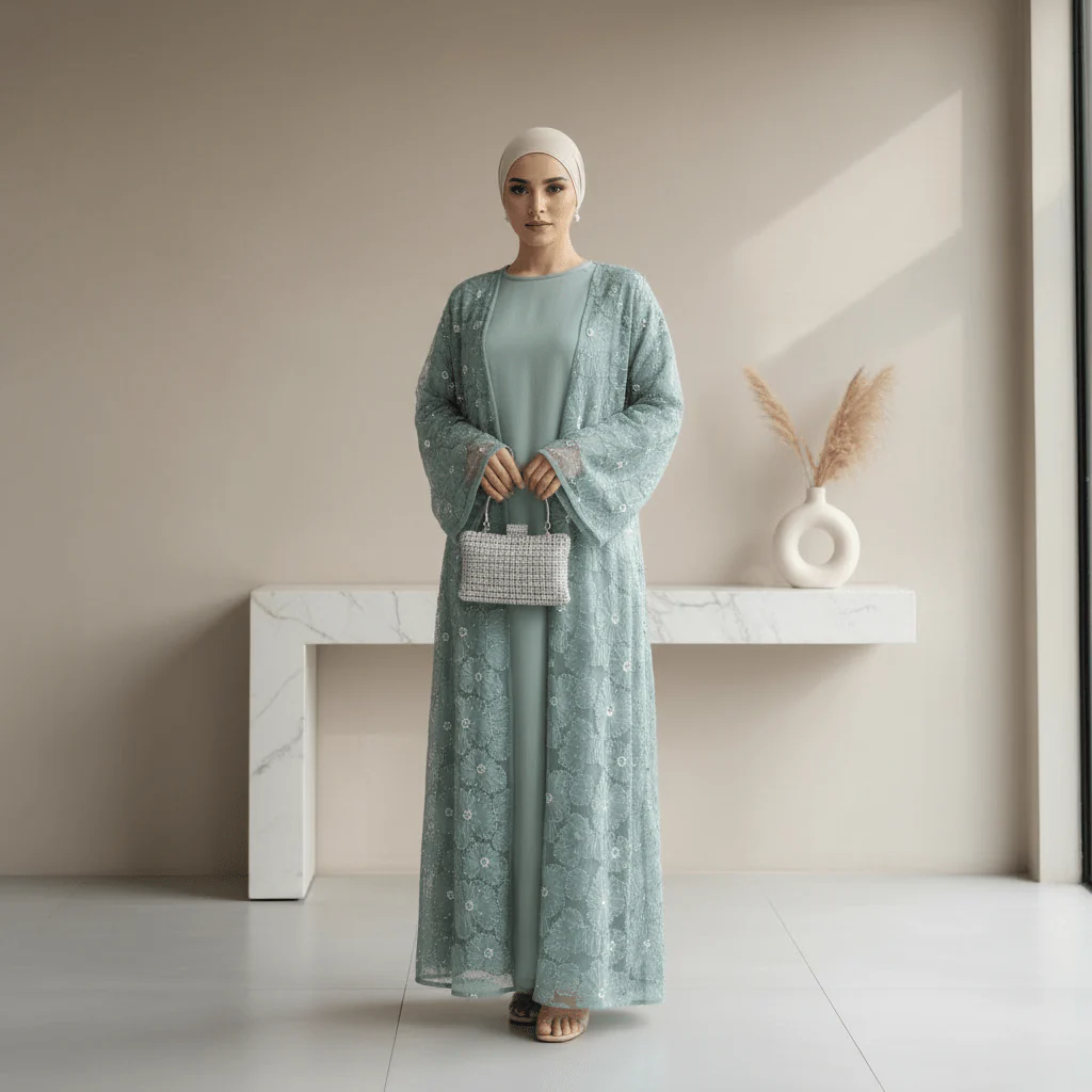 Mesh Flower Bead Open Abaya and Satin Interior Dress 2-Piece Set  | Elegant Muslim Wedding Guest Outfit(MOA222) - Image 3