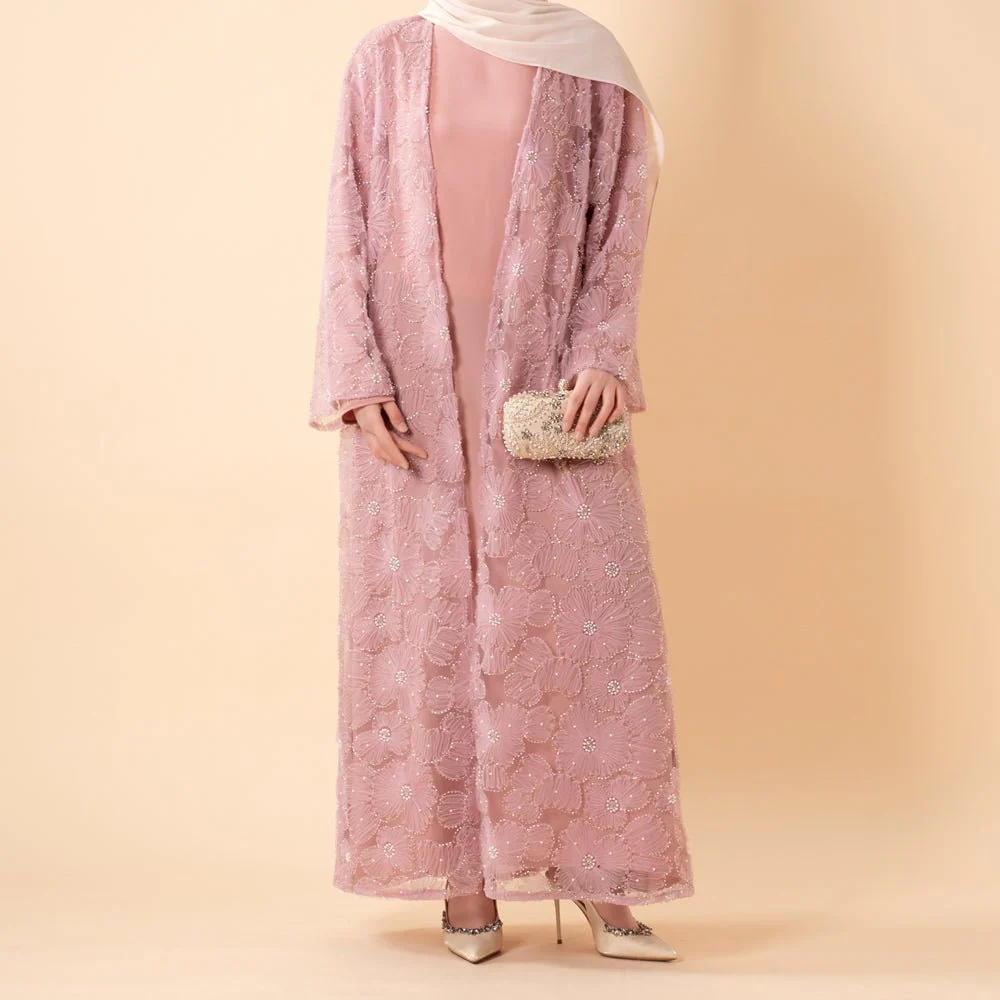 Mesh Flower Bead Open Abaya and Satin Interior Dress 2-Piece Set  | Elegant Muslim Wedding Guest Outfit(MOA222) - Image 4