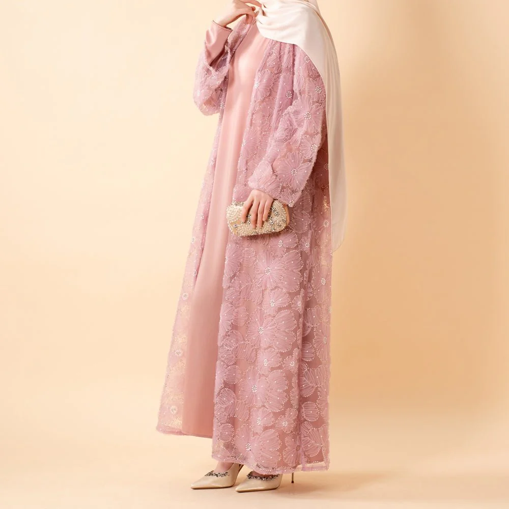 Mesh Flower Bead Open Abaya and Satin Interior Dress 2-Piece Set  | Elegant Muslim Wedding Guest Outfit(MOA222) - Image 5