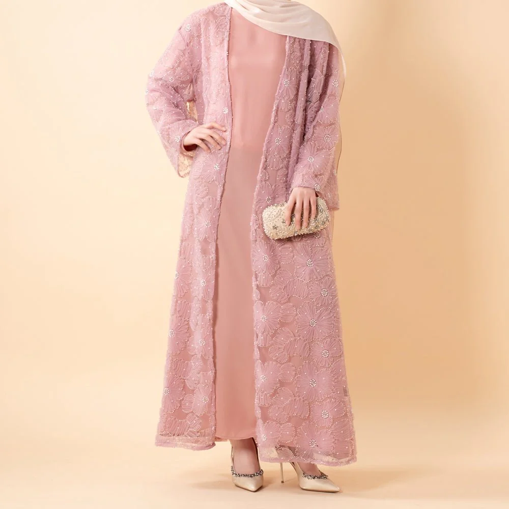 Mesh Flower Bead Open Abaya and Satin Interior Dress 2-Piece Set  | Elegant Muslim Wedding Guest Outfit(MOA222) - Image 6