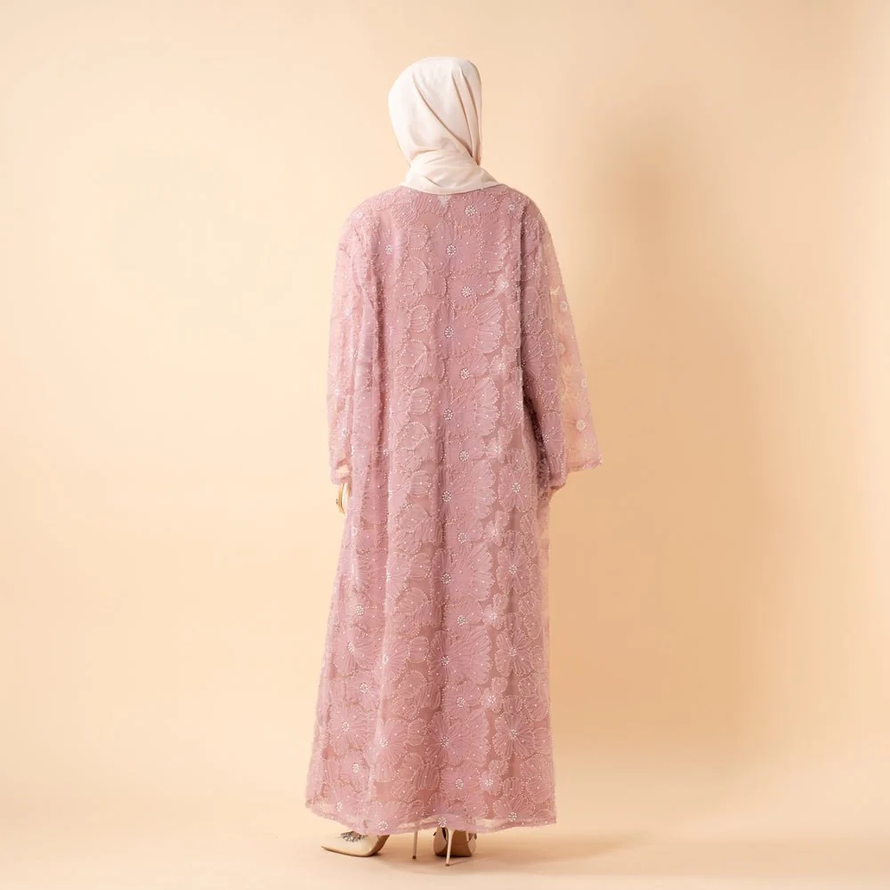 Mesh Flower Bead Open Abaya and Satin Interior Dress 2-Piece Set  | Elegant Muslim Wedding Guest Outfit(MOA222) - Image 8