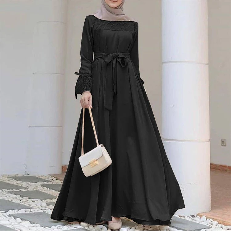 Mesh Panel Stretch Abaya with Belt (MA365) - Image 3