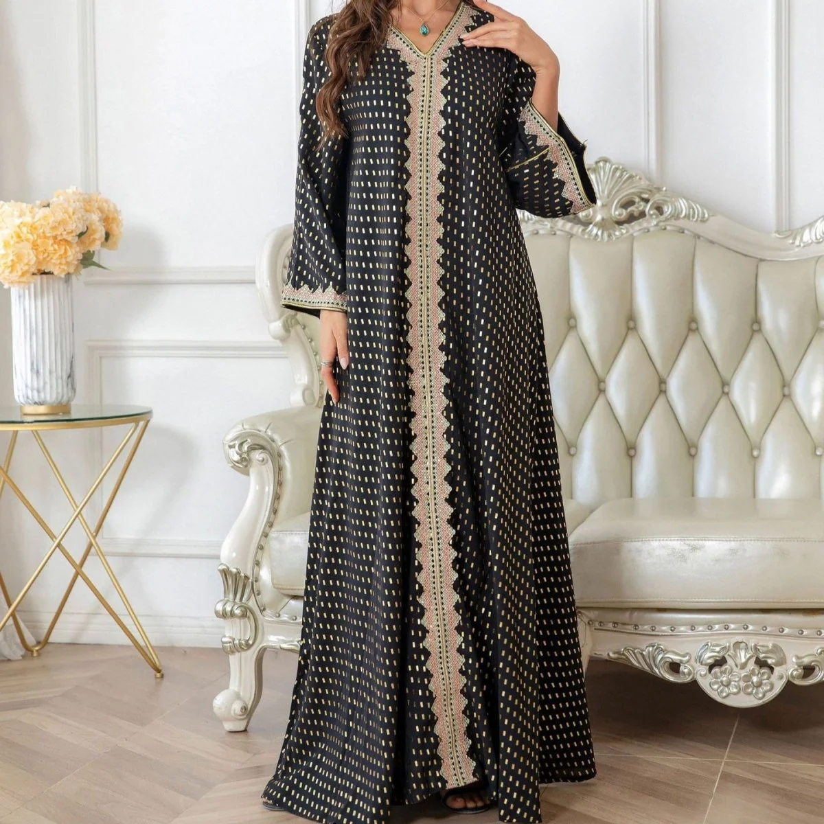 Metallic Embroidered Lace Trim Abaya (MA367) - Image 2