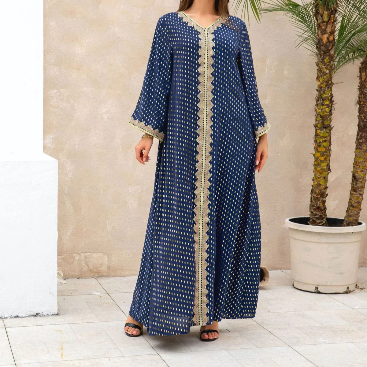 Metallic Embroidered Lace Trim Abaya (MA367) - Image 3
