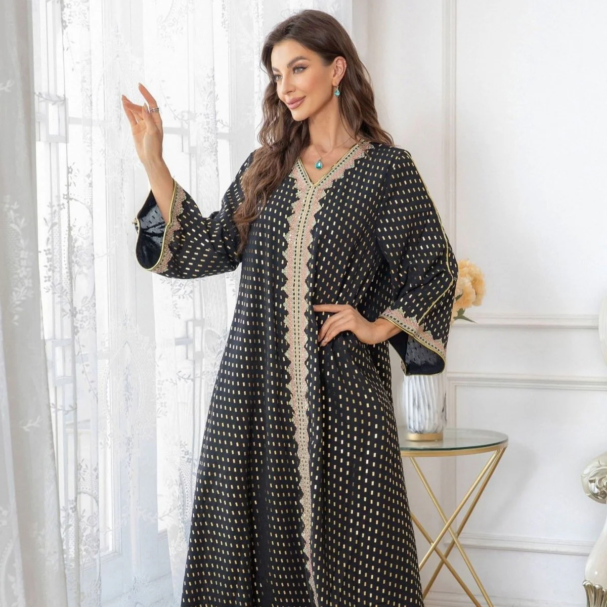 Metallic Embroidered Lace Trim Abaya (MA367) - Image 5