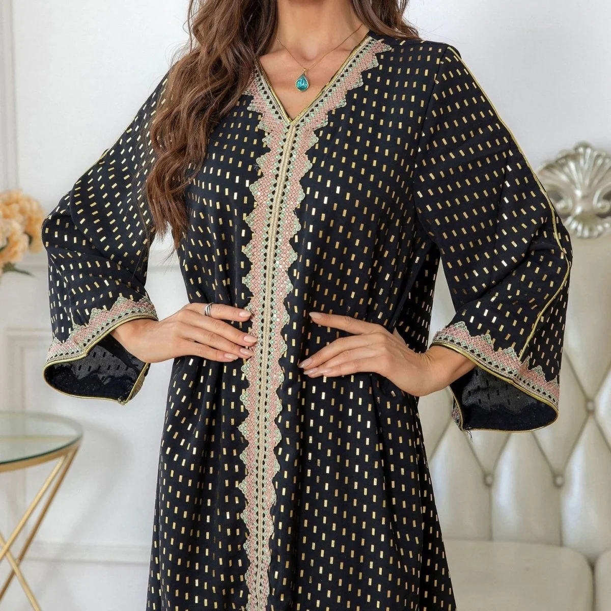 Metallic Embroidered Lace Trim Abaya (MA367) - Image 6