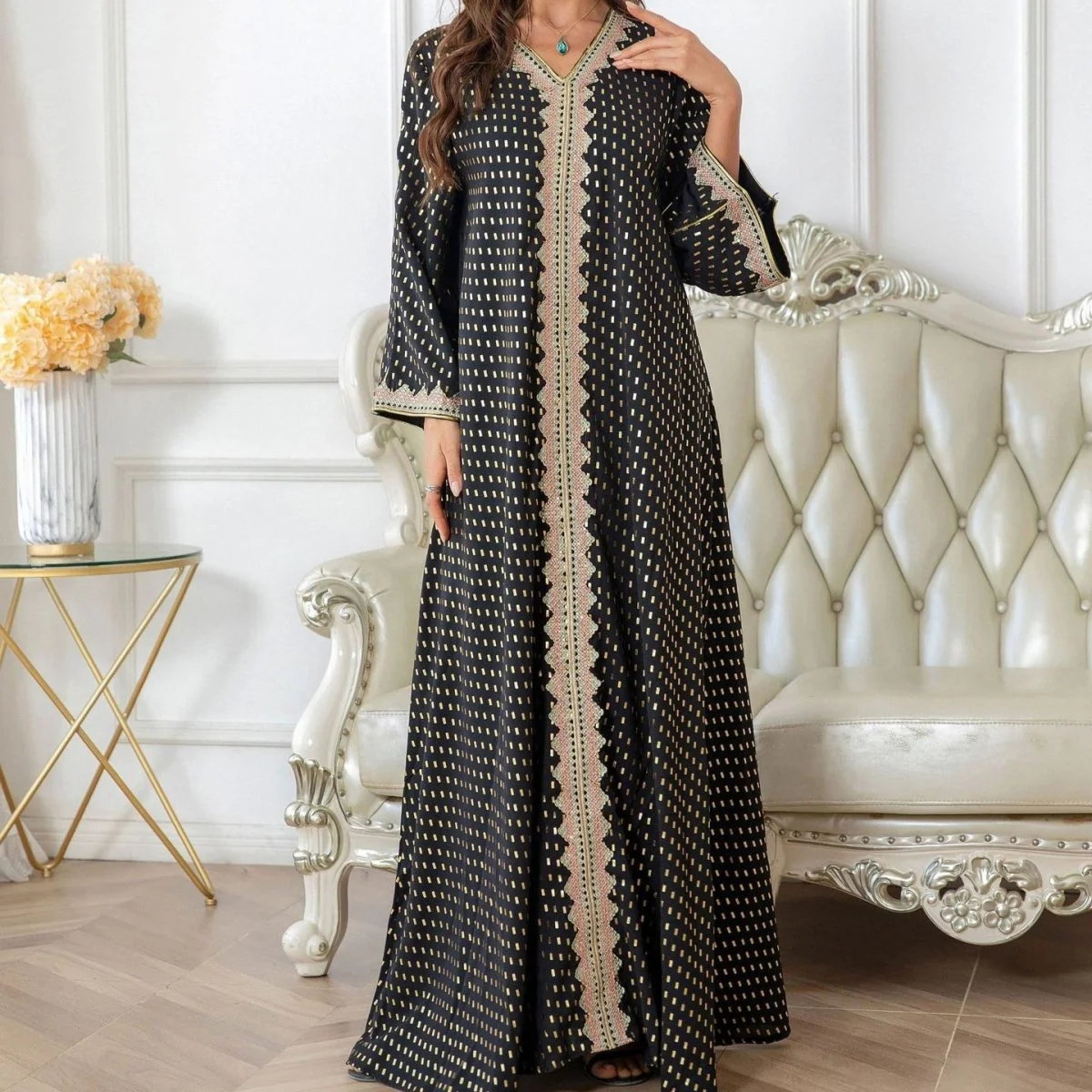 Metallic Embroidered Lace Trim Abaya (MA367) - Image 7