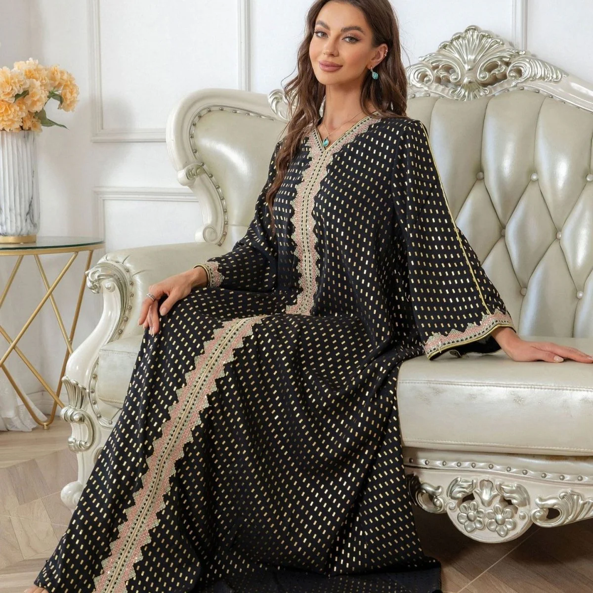 Metallic Embroidered Lace Trim Abaya (MA367) - Image 8