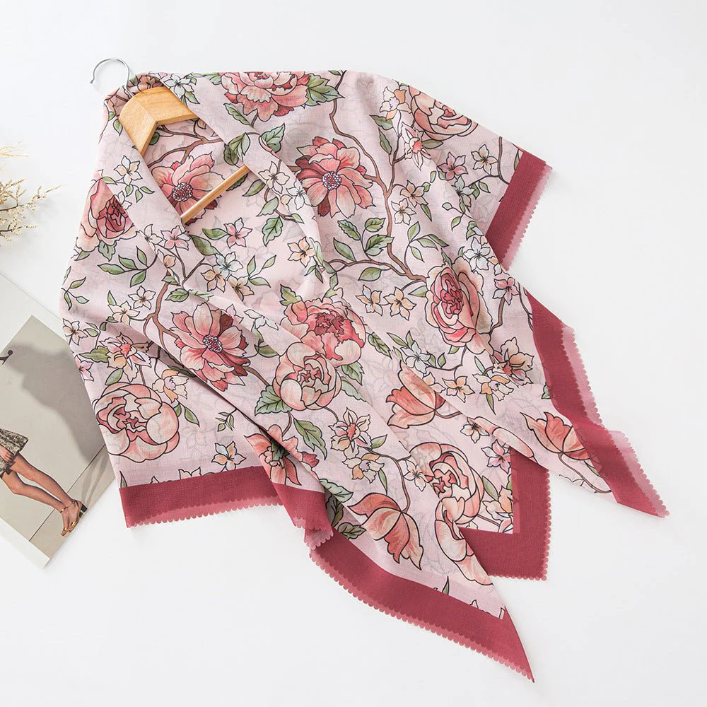 MH072 Square Floral Print Wavy Cut-off Voile Hijab - Image 22