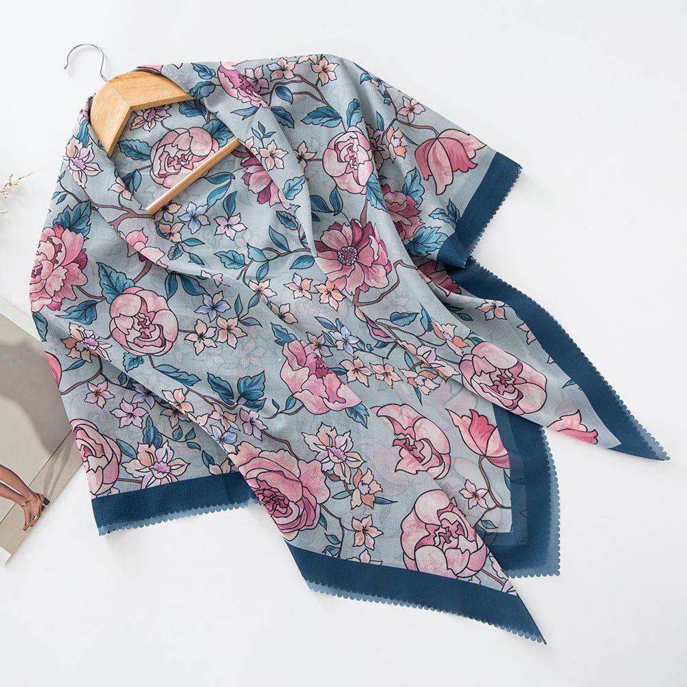 MH072 Square Floral Print Wavy Cut-off Voile Hijab - Image 23