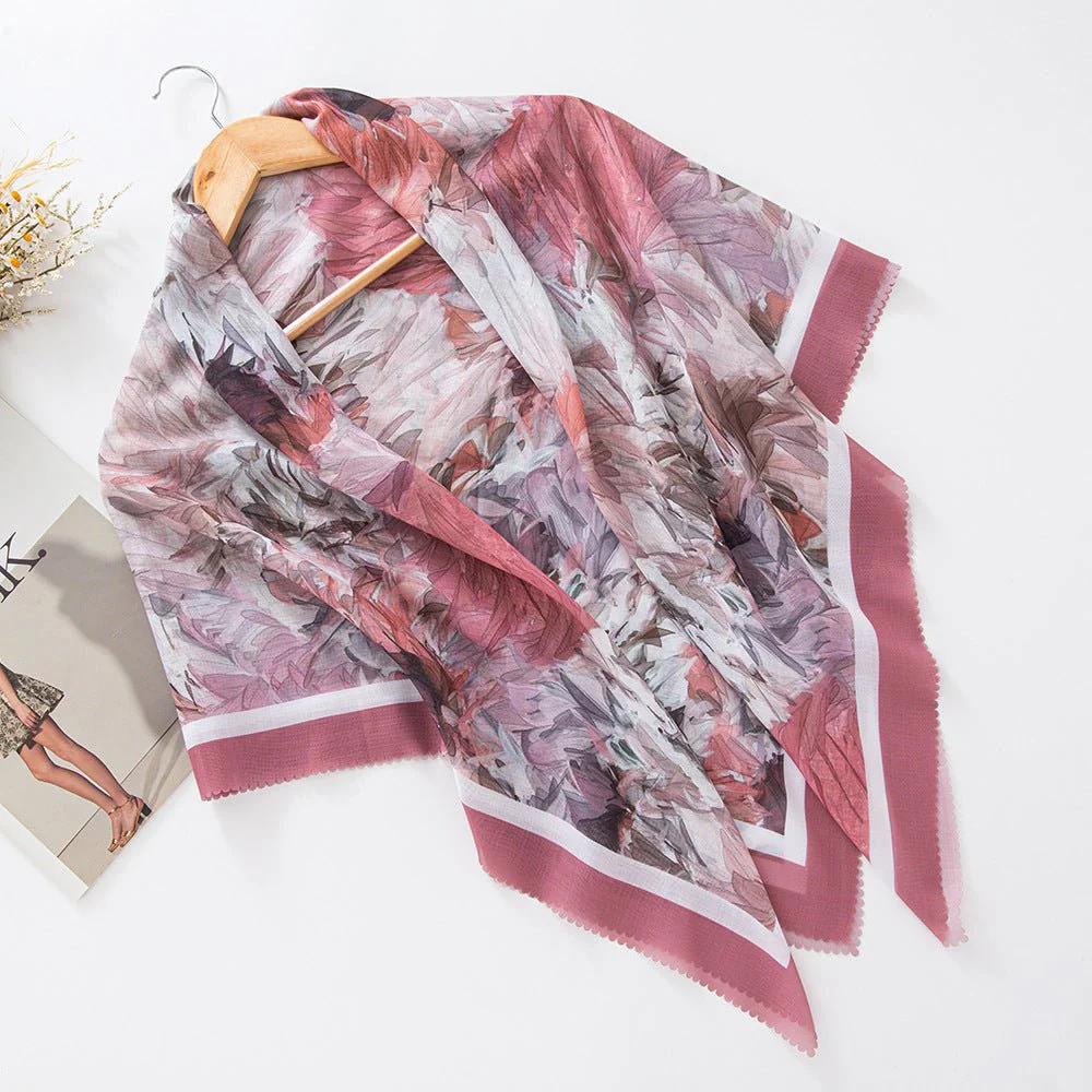 MH072 Square Floral Print Wavy Cut-off Voile Hijab - Image 3