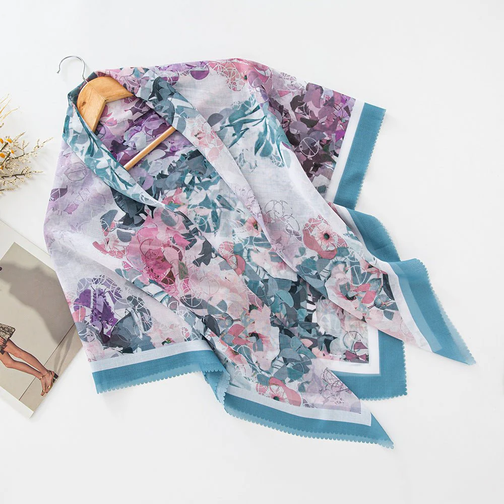 MH072 Square Floral Print Wavy Cut-off Voile Hijab - Image 34