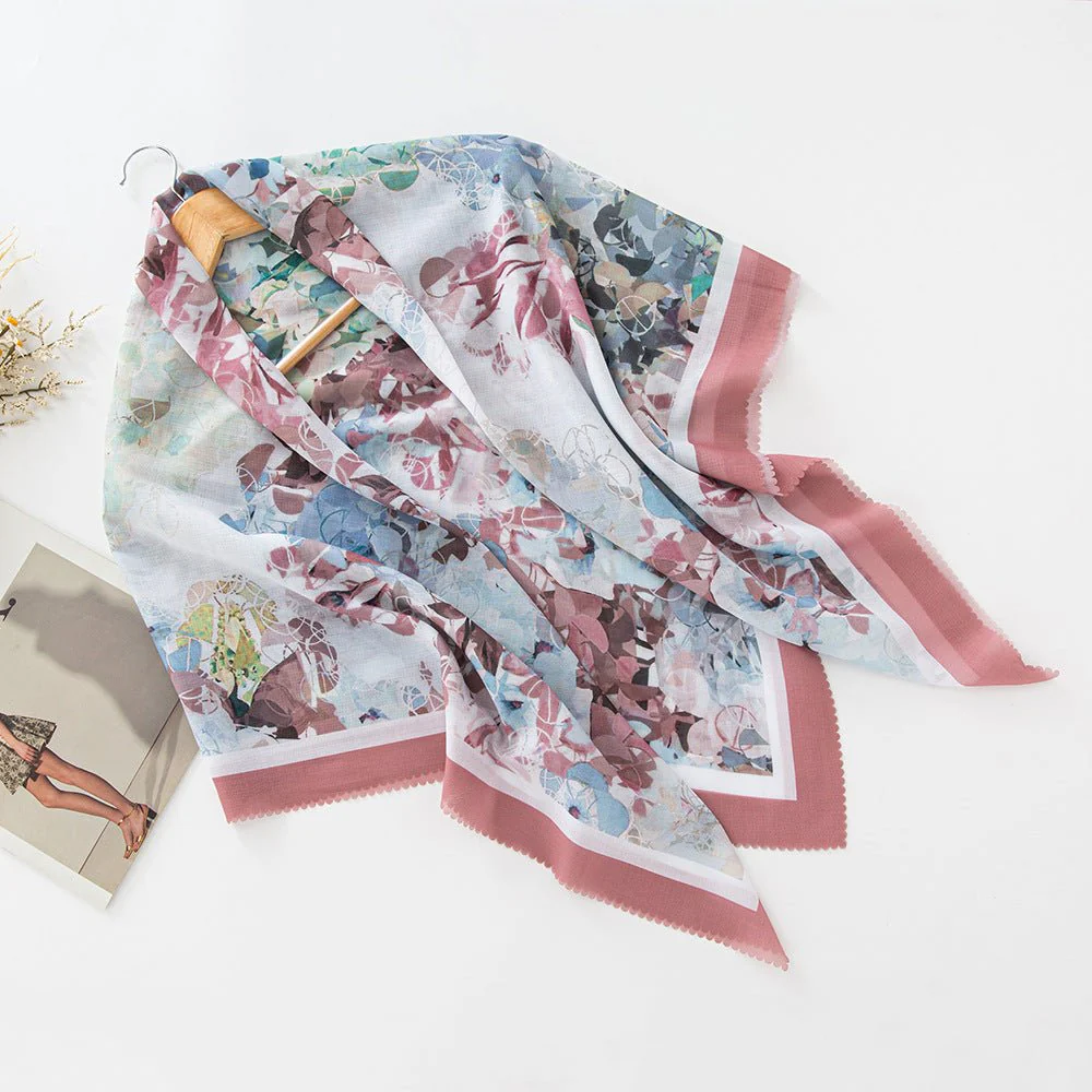 MH072 Square Floral Print Wavy Cut-off Voile Hijab - Image 36