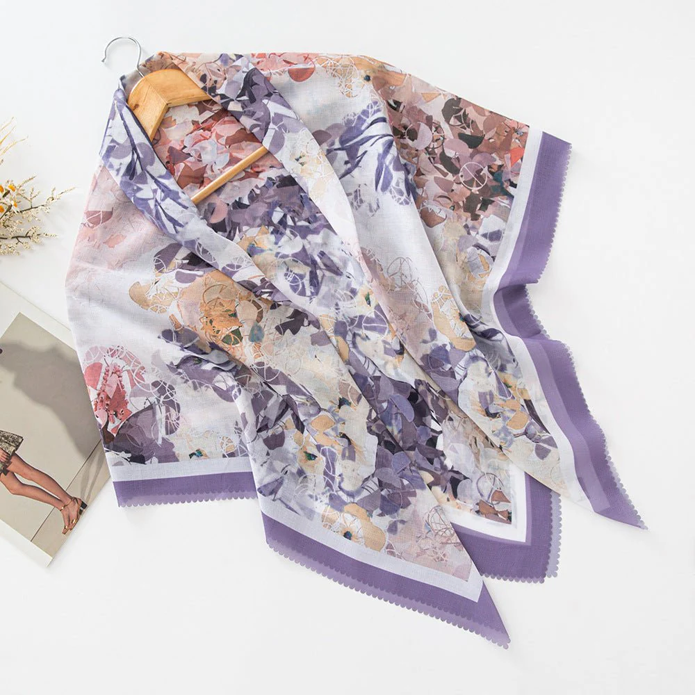 MH072 Square Floral Print Wavy Cut-off Voile Hijab - Image 37
