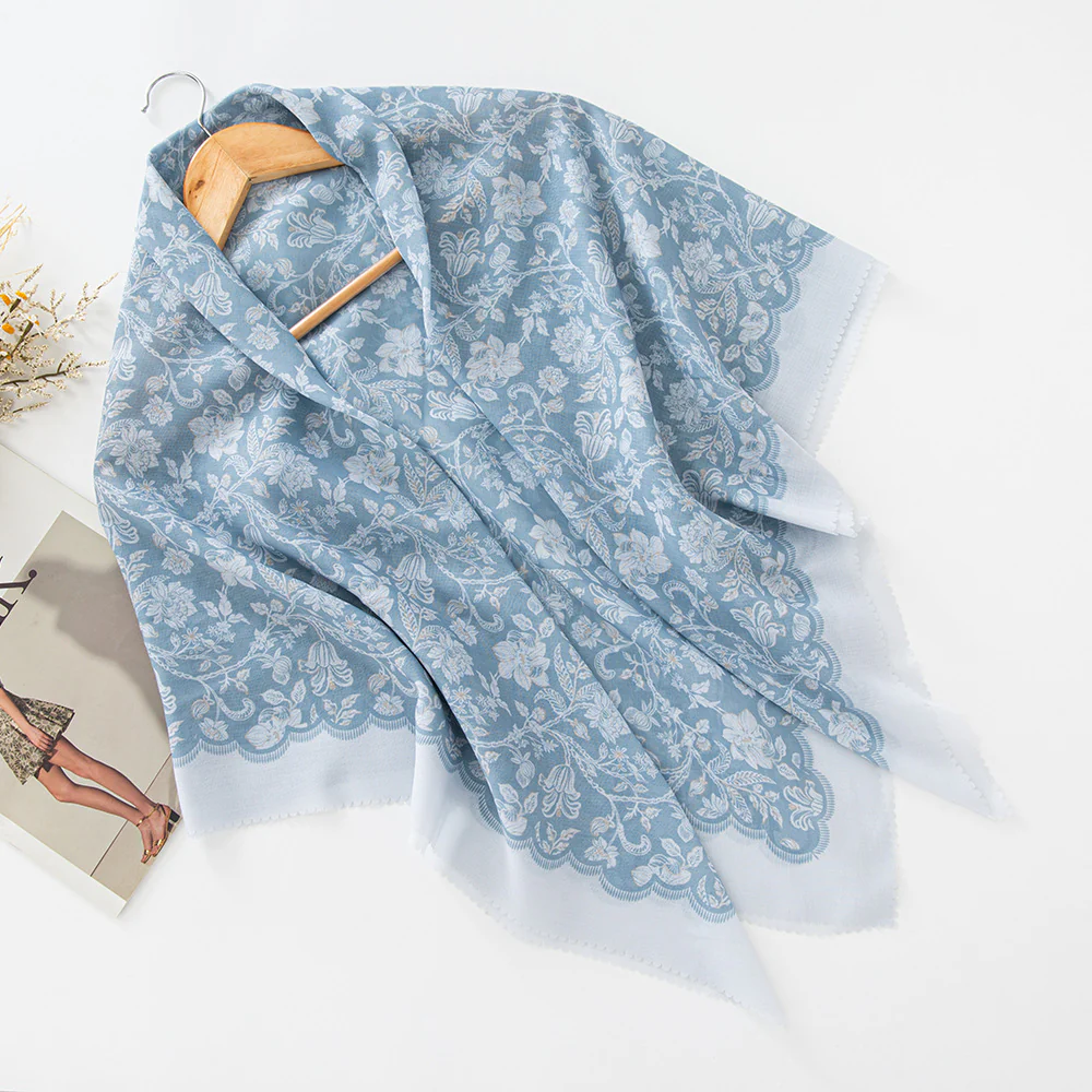 MH072 Square Floral Print Wavy Cut-off Voile Hijab - Image 42