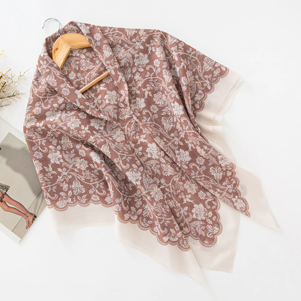 MH072 Square Floral Print Wavy Cut-off Voile Hijab - Image 43