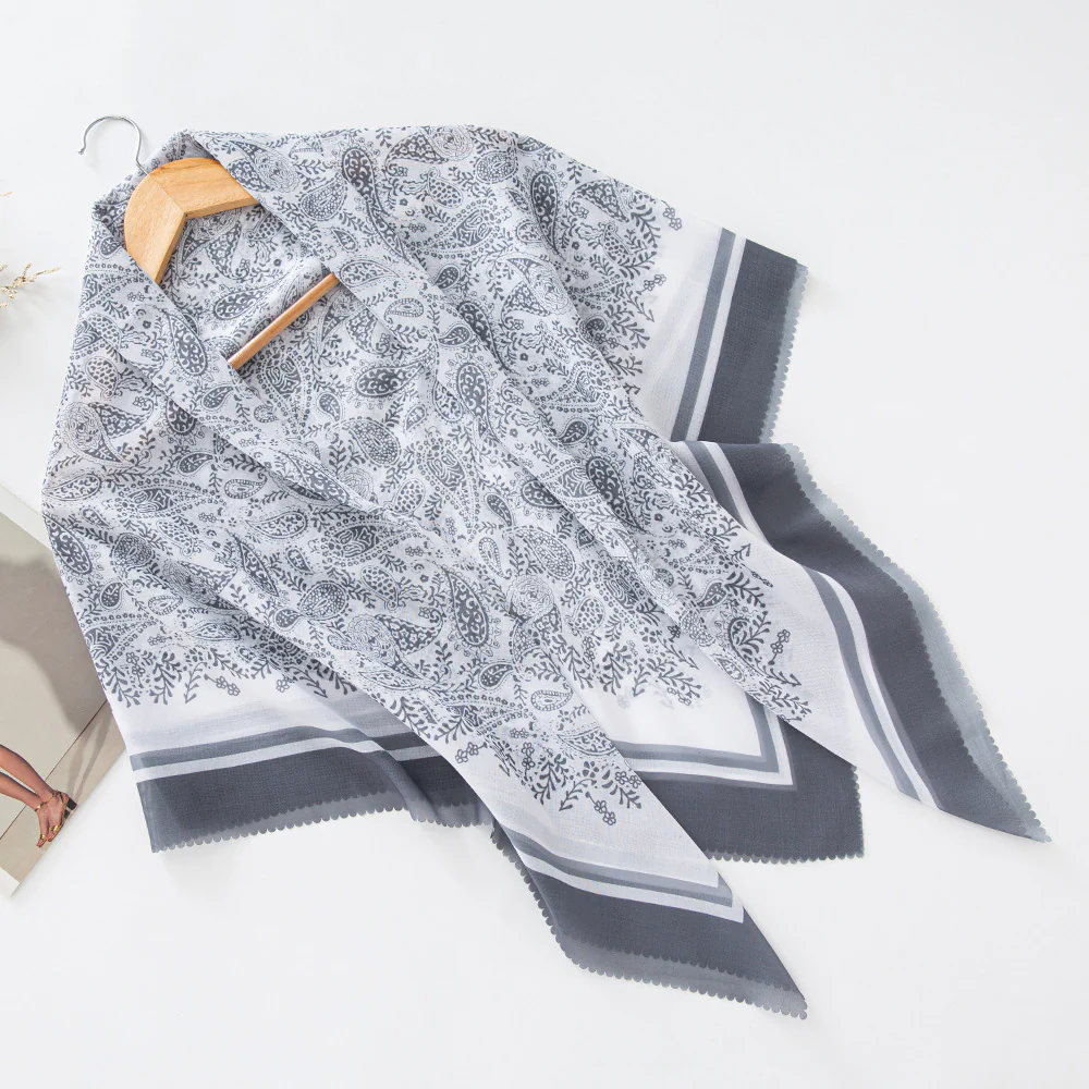MH072 Square Floral Print Wavy Cut-off Voile Hijab - Image 46