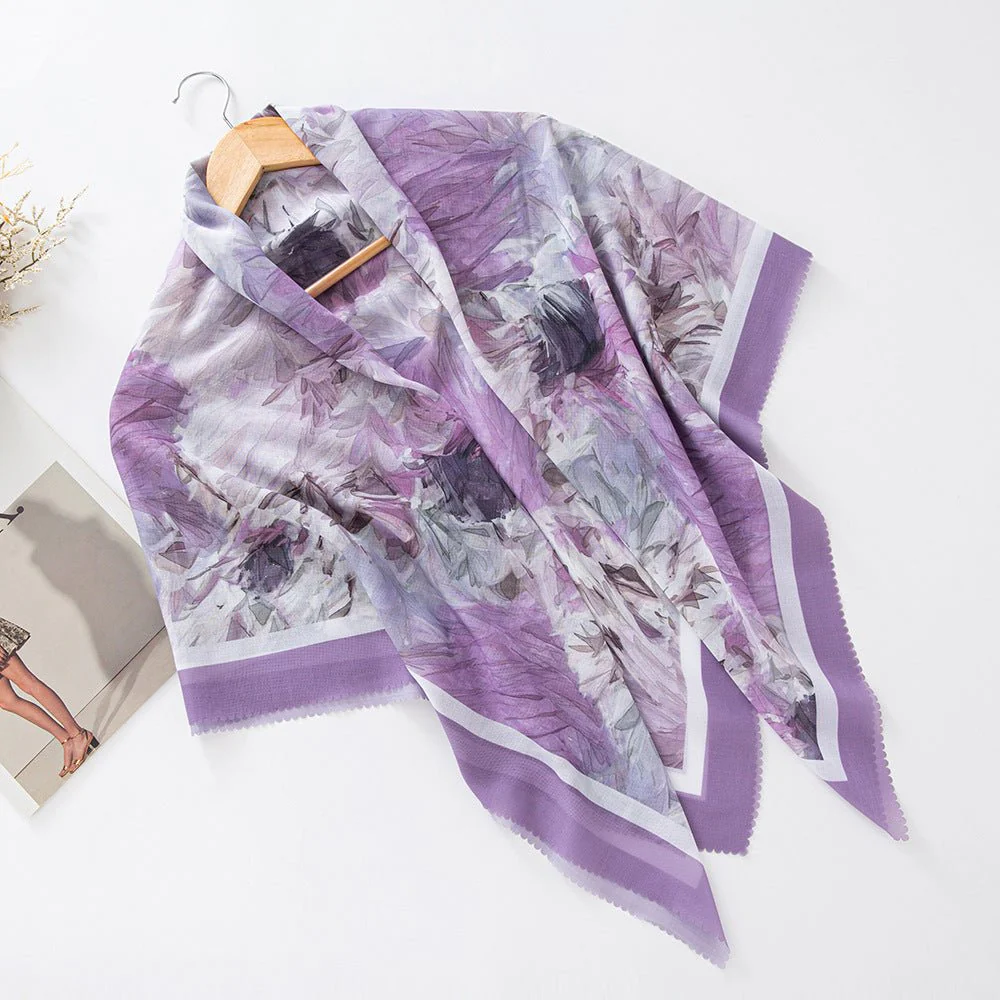 MH072 Square Floral Print Wavy Cut-off Voile Hijab - Image 5