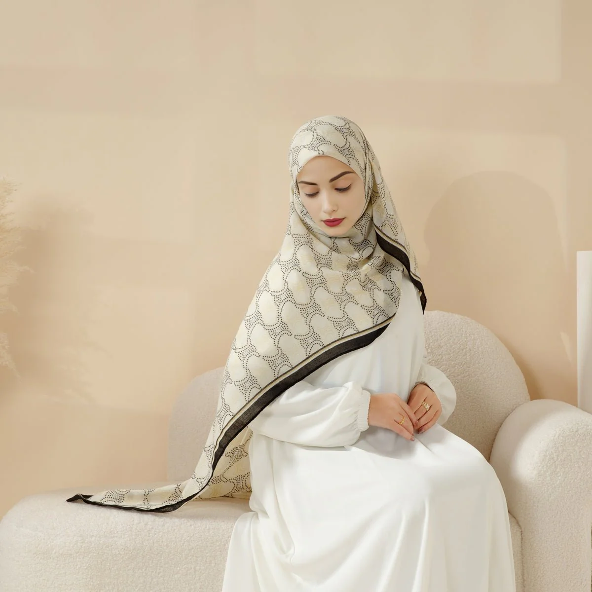 MH095 Printed Colorblock Geometric and Natural Floral Pattern Cotton and Linen Blend Shawl - Image 10