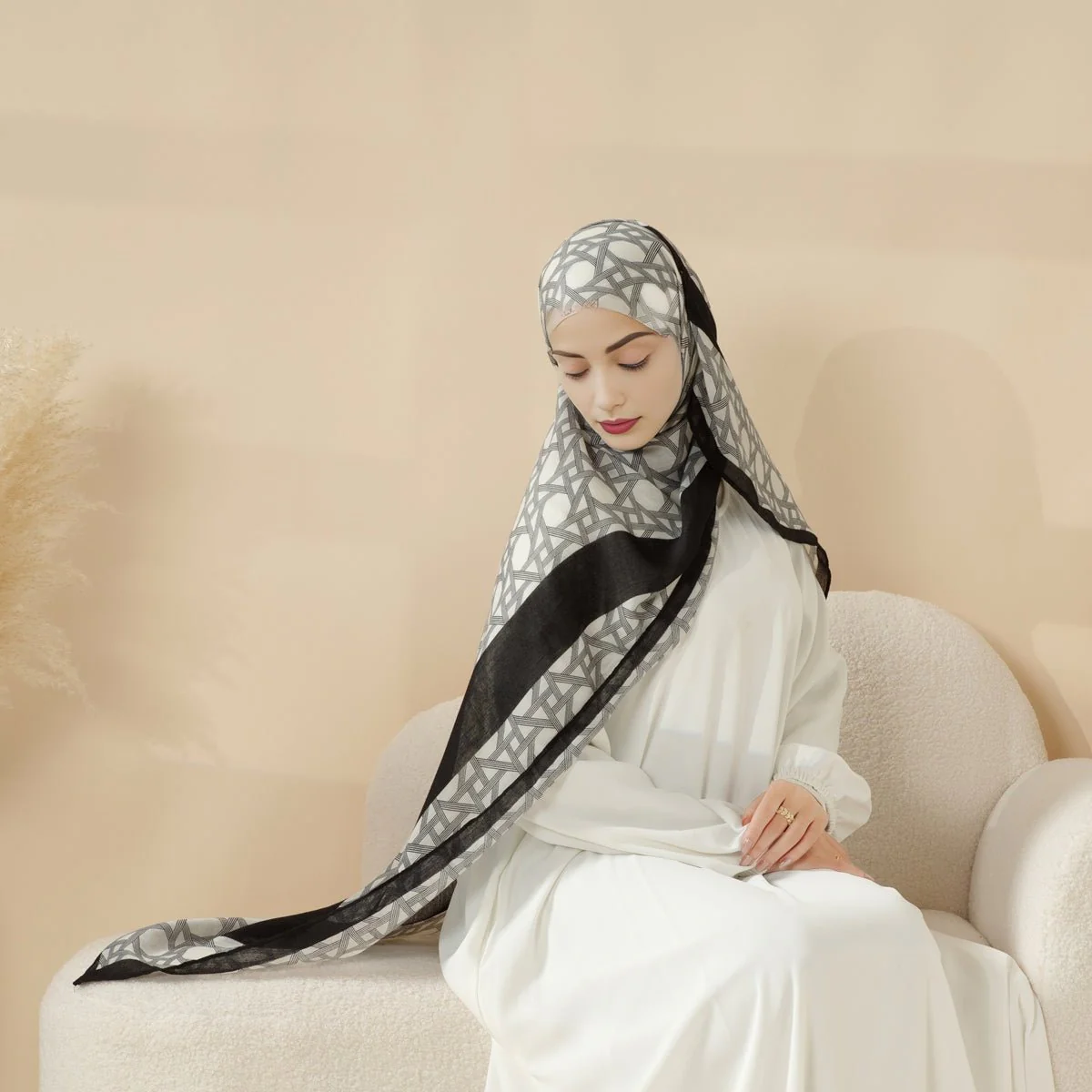 MH095 Printed Colorblock Geometric and Natural Floral Pattern Cotton and Linen Blend Shawl - Image 12