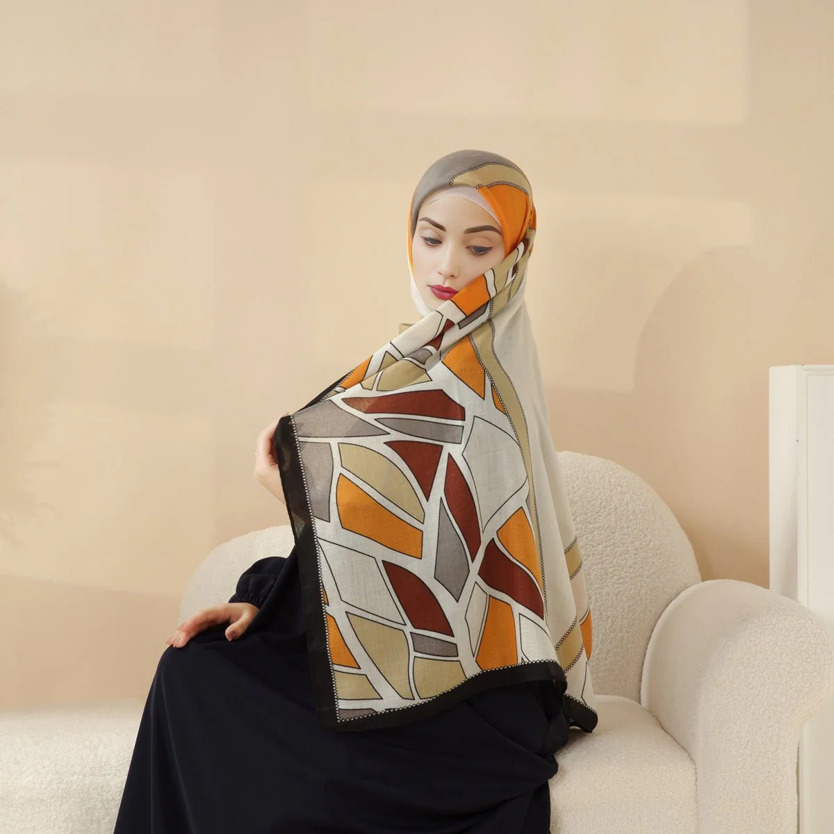 MH095 Printed Colorblock Geometric and Natural Floral Pattern Cotton and Linen Blend Shawl - Image 14