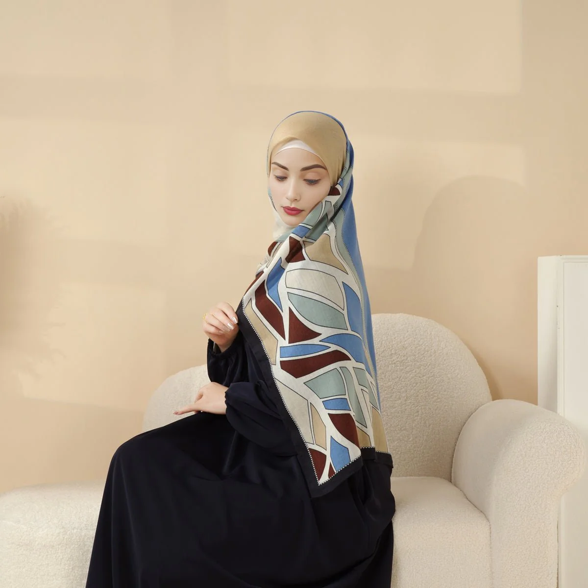 MH095 Printed Colorblock Geometric and Natural Floral Pattern Cotton and Linen Blend Shawl - Image 16