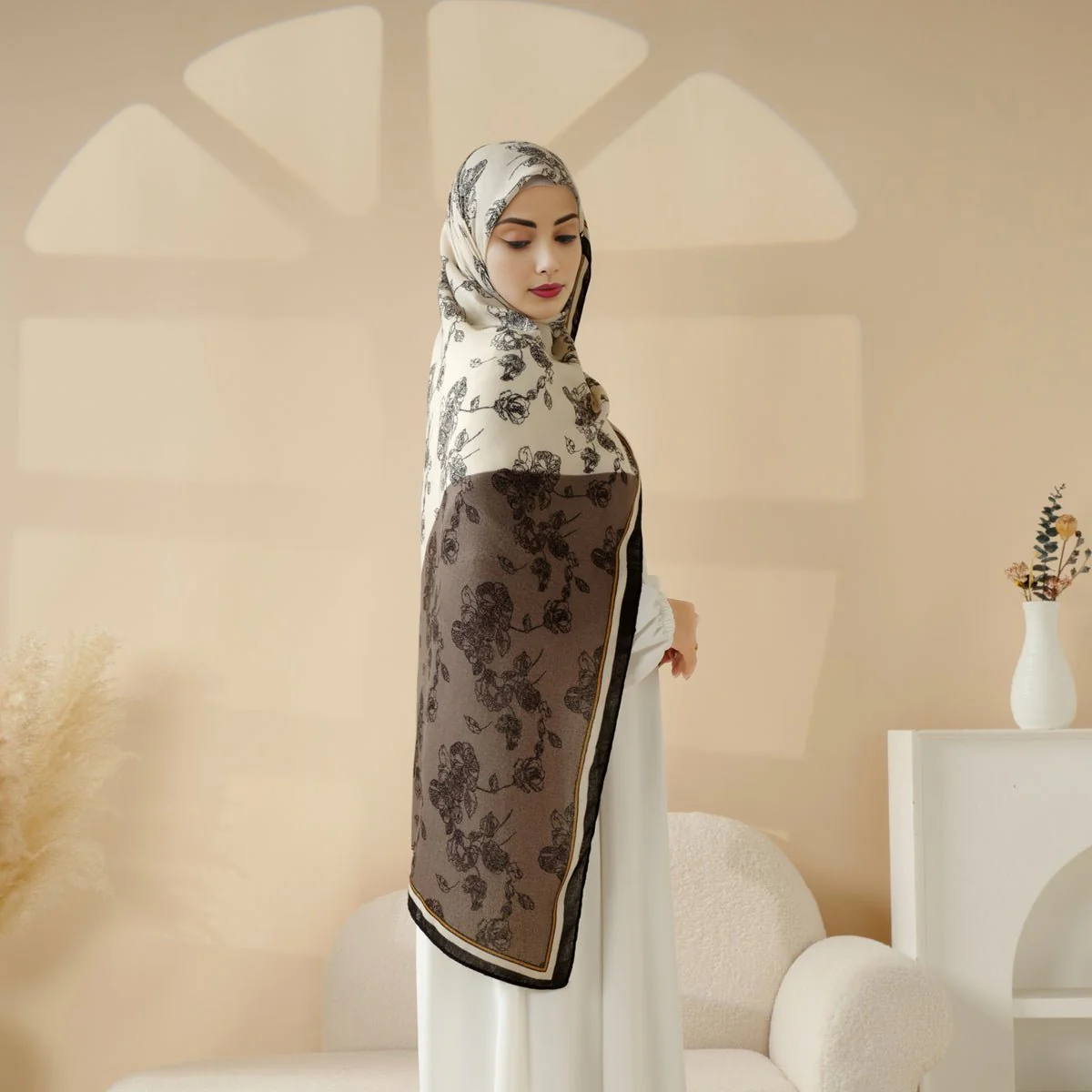 MH095 Printed Colorblock Geometric and Natural Floral Pattern Cotton and Linen Blend Shawl - Image 2