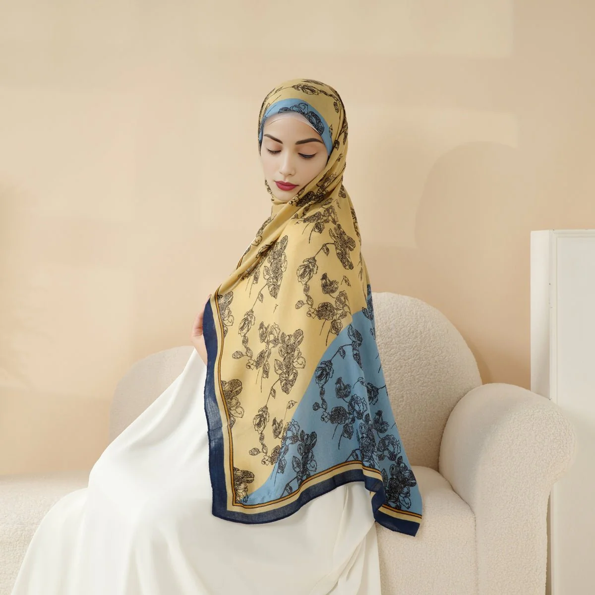 MH095 Printed Colorblock Geometric and Natural Floral Pattern Cotton and Linen Blend Shawl - Image 3
