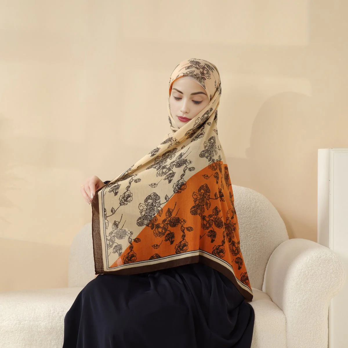 MH095 Printed Colorblock Geometric and Natural Floral Pattern Cotton and Linen Blend Shawl - Image 4