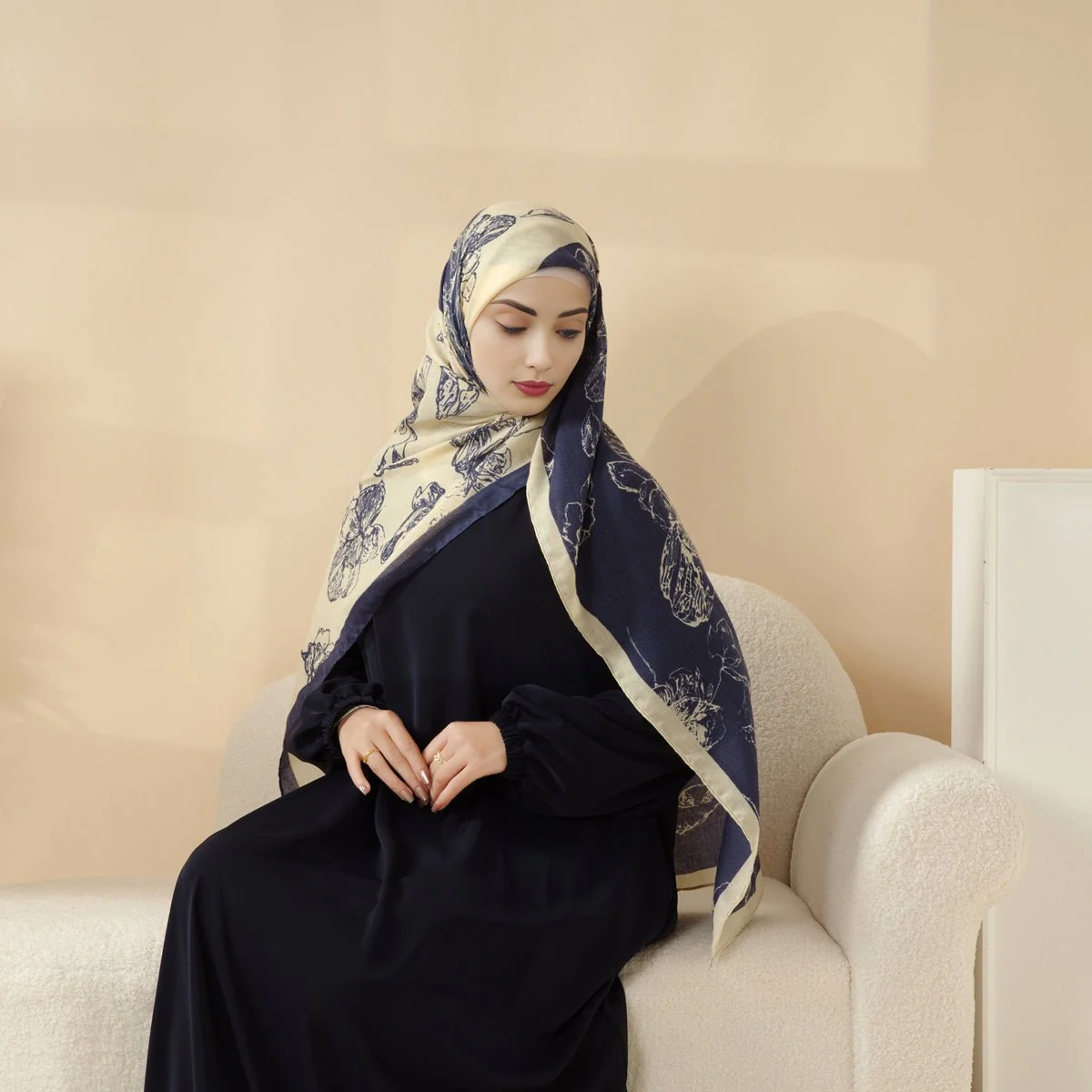 MH095 Printed Colorblock Geometric and Natural Floral Pattern Cotton and Linen Blend Shawl - Image 6