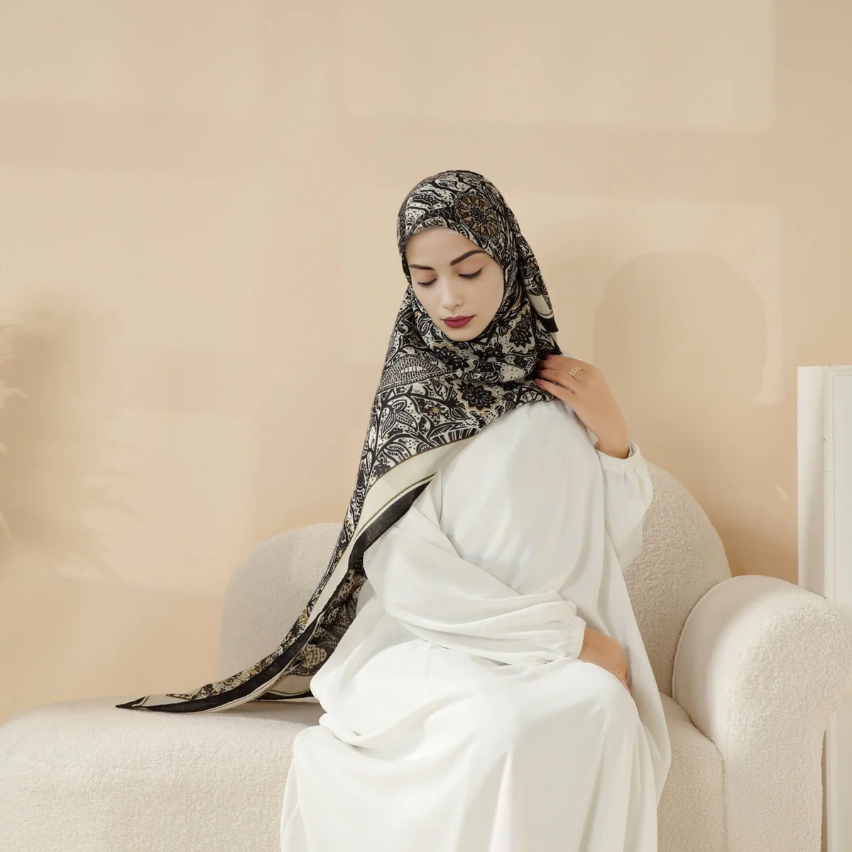 MH095 Printed Colorblock Geometric and Natural Floral Pattern Cotton and Linen Blend Shawl - Image 7