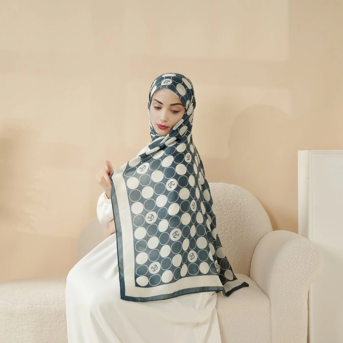MH095 Printed Colorblock Geometric and Natural Floral Pattern Cotton and Linen Blend Shawl - Image 8