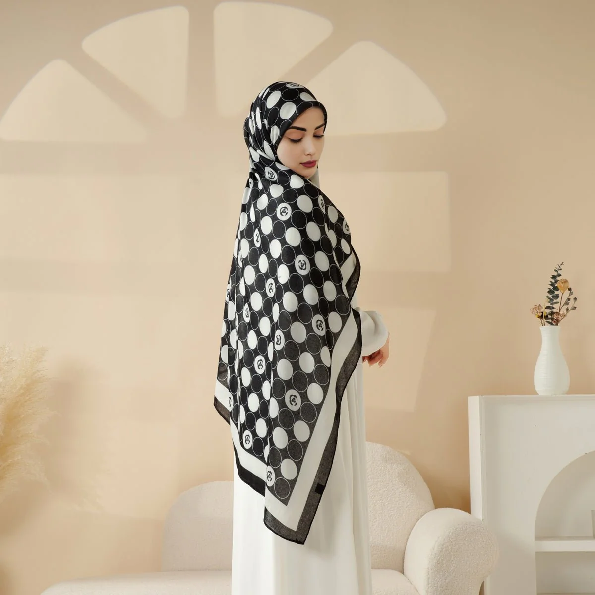 MH095 Printed Colorblock Geometric and Natural Floral Pattern Cotton and Linen Blend Shawl - Image 9