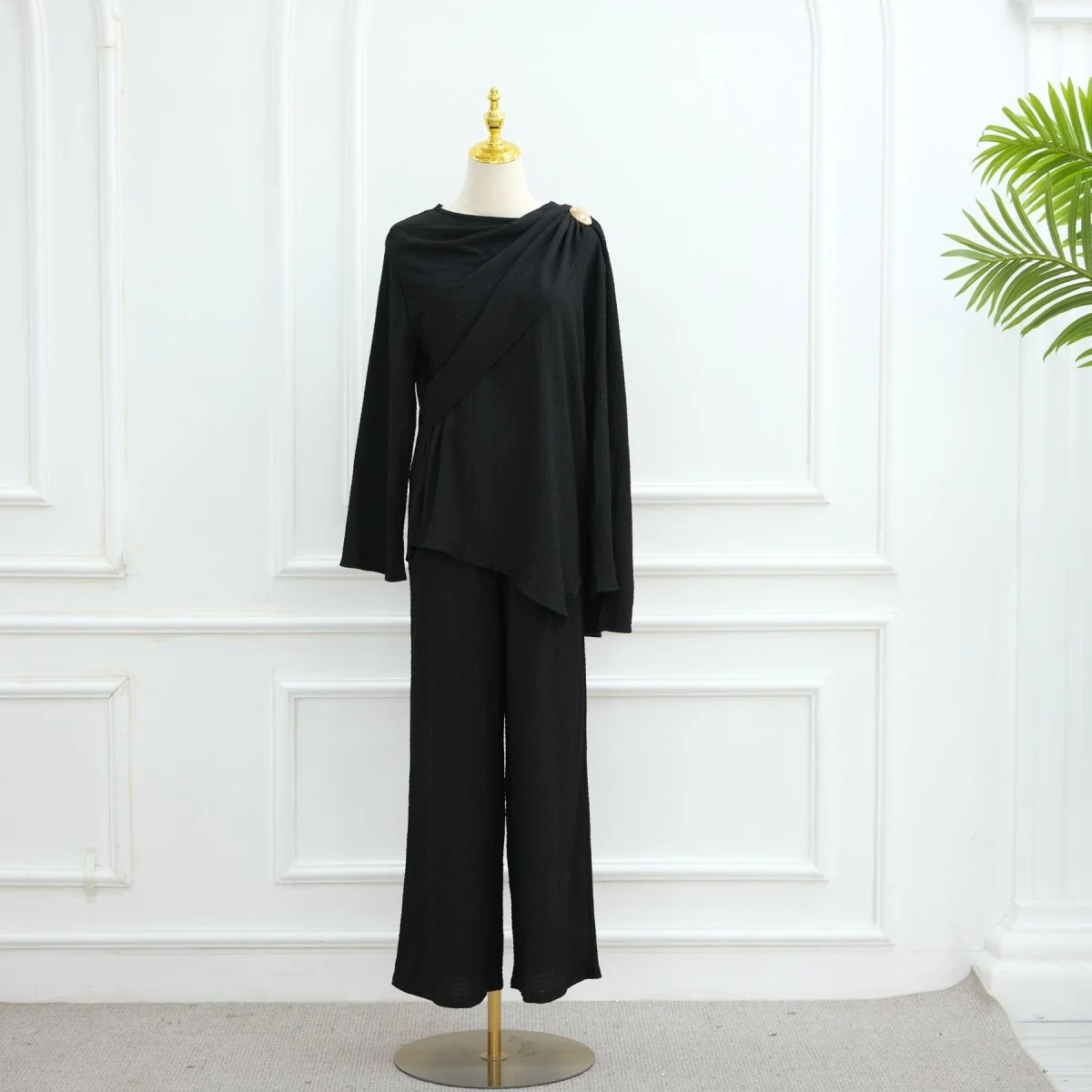 Minimalist Luxury Modest Lounge Two-Piece Set | Asymmetrical Cardigan & Wide-Leg Pants (MS093) - Image 18