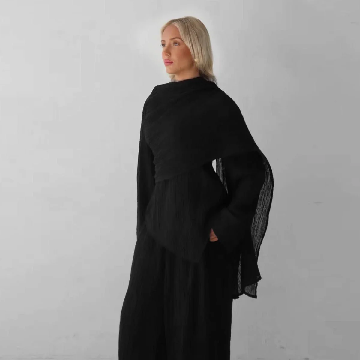 Minimalist Luxury Modest Lounge Two-Piece Set | Asymmetrical Cardigan & Wide-Leg Pants (MS093) - Image 4